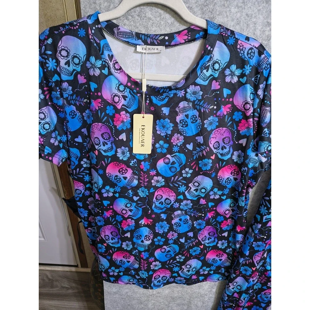 Ekouaer Satin Black Skull Skeleton Pull On Pajamas M Short Sleeve Tie Waist NWT